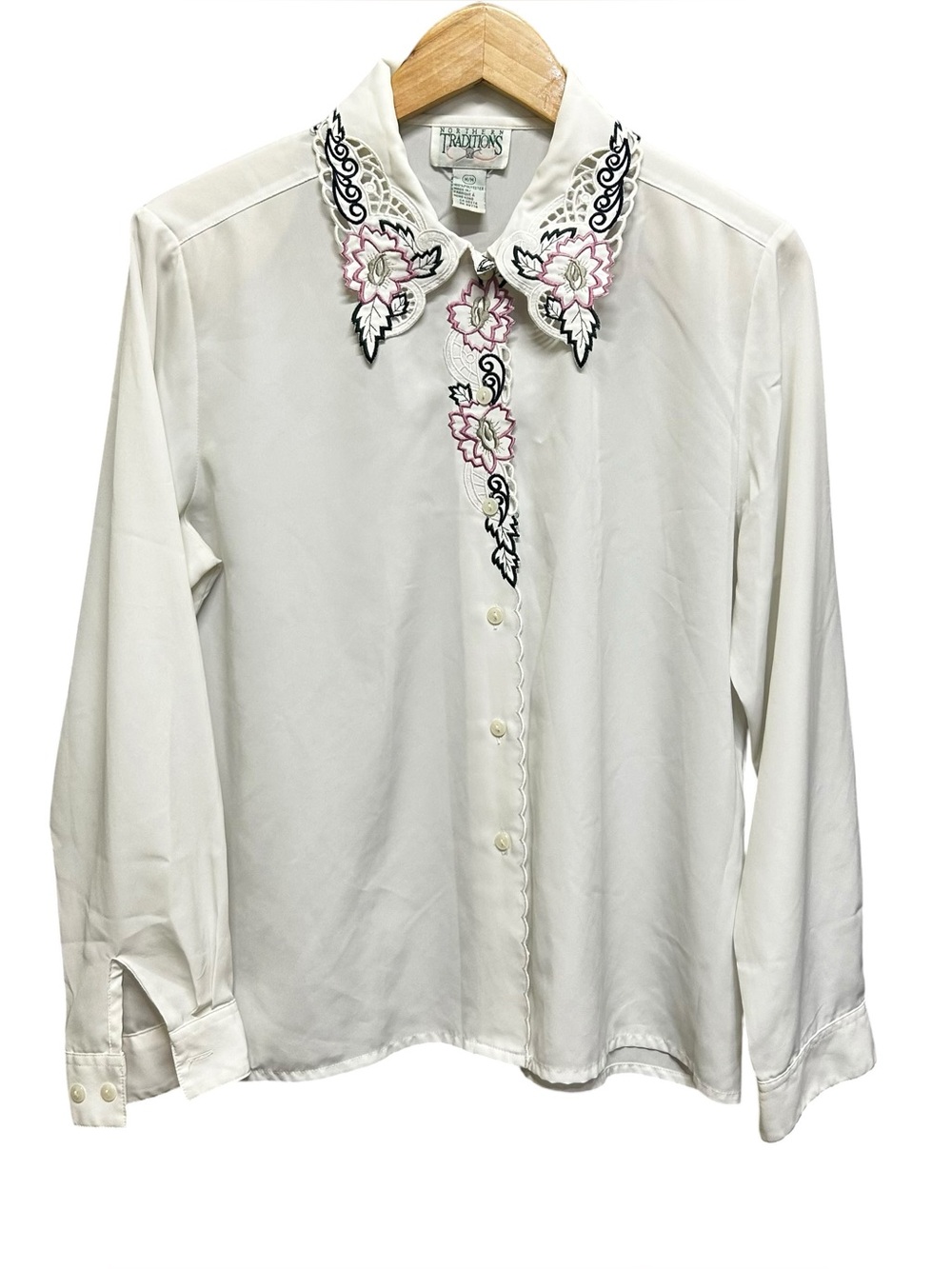 Vintage Northern Traditions Embroidered Statement Collar Blouse White Size M